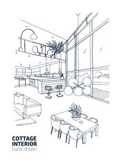 Monochrome sketch of modern country house or summer cottage interior full of trendy furniture. Kitchen and dining room hand drawn with black contour lines on white background. Vector illustration.