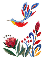 watercolor illustration of the beautiful bird and flowers