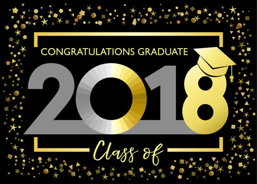 Class of 2018, congratulations graduating golden glitter card. Class of 2018 graduate vector illustration graphics for decoration with red and blue colored for design cards, invitations or banner