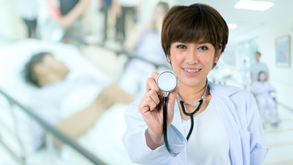 Happy Asia Doctor with stethoscope in the hospotal. Isolated on white background. Studio lighting. Concept for healthy and medical