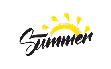 Handwritten modern brush type lettering of Summer with hand drawn yellow brush sun