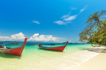 Obraz na płótnie Canvas White sand beach and Long-tail boat at Khang Khao Island (Bat island), The beautiful sea Ranong Province, Thailand.