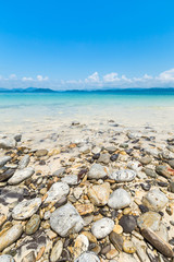 White sand beach and Long-tail boat at Khang Khao Island (Bat island), The beautiful sea Ranong Province, Thailand.