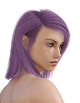 Junge Frau mit violetter Haarfarbe, Freisteller
