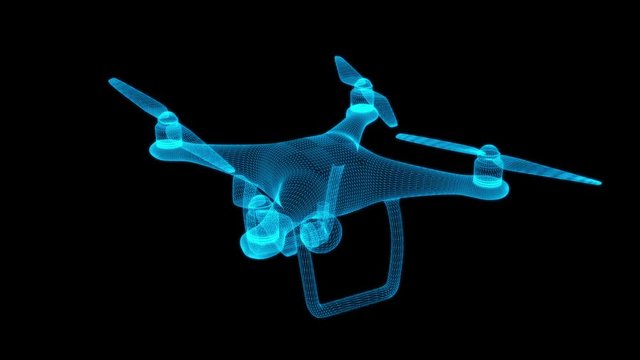 Remote control air drone. Dron flying with action video camera. Wireframe low poly mesh available in FullHD video render footage