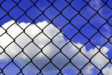Grid fence, spring sunny blue cloudy sky background