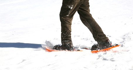 person walking on fresh snow  using orange snowshoes