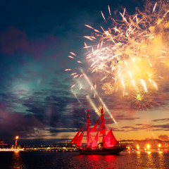 Colorful fireworks and a ship with scarlet sails.