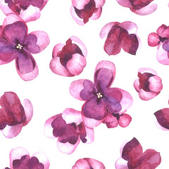 Fototapeta na wymiar Purple Lilac flowers and petals watercolor style vector seamless pattern