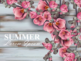 Obraz premium Summer background with pink flowers branches on wooden background. Vector realistic 3d floral bouquets