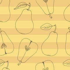 seamless vector background with silhouette ripe pears on yellow stripes