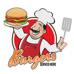 happy chef serving a delicious burger sign