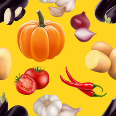 Seamless pattern with vegetables. Vegeterian food. Tomato, pumpkin, cabbage, potatoes onion broccoli carrot pepper and garlic. 3d realism vector illustration.