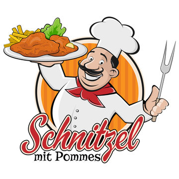 chef serving german or austrian dish schnitzel mit pommes