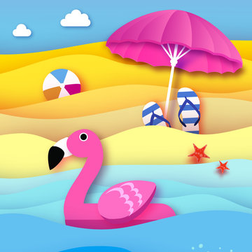 Giant inflatable pink flamingo in paper cut style. Beach Parasol - umbrella. Origami Pool float toy on the sunny beach with sand and crystal clear blue sea water. Beachball, flipflop. Summer holidays.
