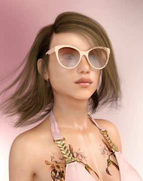 Attraktive Frau mit Sonnenbrille und wehenden Haaren
