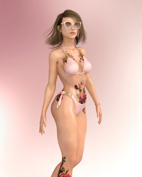 Attraktive Frau im Bikini mit Sonnenbrille und Tattoo