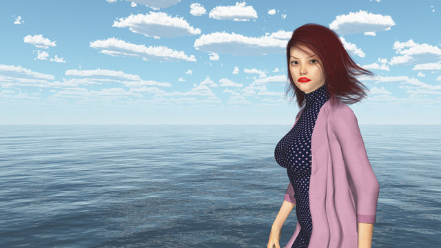 Attraktive Frau mit wehenden Haaren am Meer