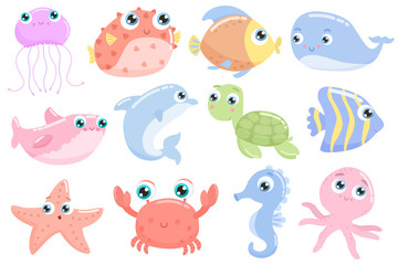 Fototapeta premium Cute sea animals. Flat design.