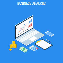 Business Analysis Concept strategy. Data and Investment. Business success.Financial review with laptop and infographic elements. Isometric images of accountant workspace elements money coins.