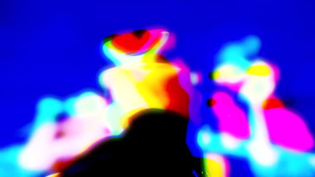 RGB trail oversaturation fx: playing with a retro vintage joystick (input device for computer games) on a shooting videogame. Player one get ready, colorful explosions, Game Over.
