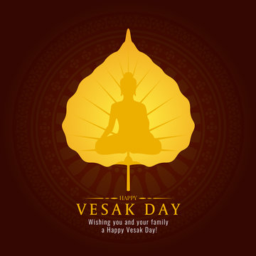 Vesak day banner card with gold Buddha sign on gold Bodhi leaf vector design