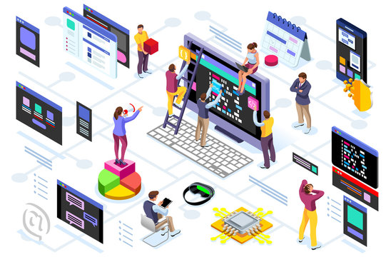 Programming software interface on device by engineers. Application for company project. A space of professional solutions for systems and softwares. Conceptual illustration. Isometric people vector.