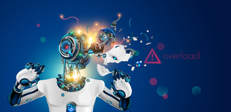 Robot or cyborg with artificial intelligence failures overloaded and broken down. AI not coped with the task. Artificial brain glitch and exploded. Destroy Robot head. Future concept.