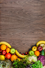 Flat-lay background made from organic fresh groceries.