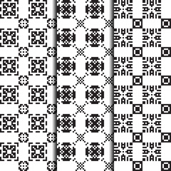 Fototapeta premium Set of 3 seamless patterns monochrome design. Pixel textile prints. Vector fashion backgrounds.