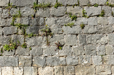 Old stone castle wall made of stone brick slabs.