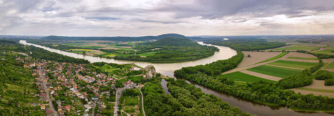Panoramic aerial view of old fort on Danube river. Devin - obrazy, fototapety, plakaty