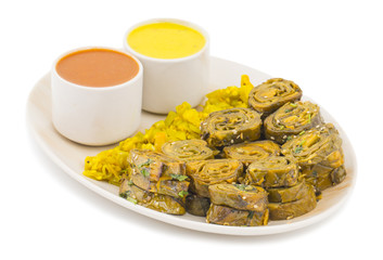 Indian Spicy Food Patra Also Called Paatra, Alu Vadi or Patrode is a Veg Dish in Maharashtra or...