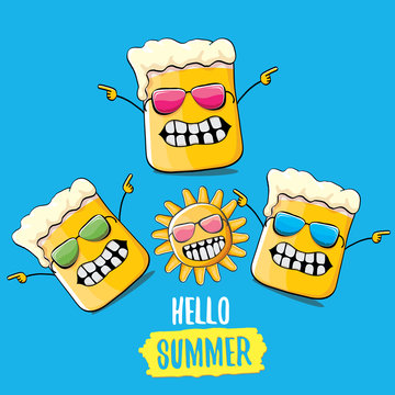 vector cartoon funky beer glass character and summer sun isolated on blue background. Hello summer text and funky beer concept illustration. Funny cartoon smiling friends.