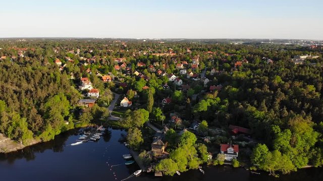 Aerial view of the residential area "Appelviken" in Stockholm on a summer morning.