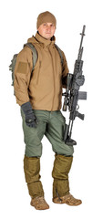 young soldier or sniper holding rifle.  hunting, war, army, technology and people concept