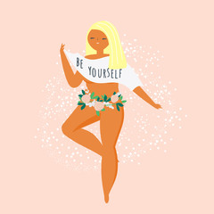 Female Body positive concept illustration. Happy woman dancing with motivational ribbon Be yourself