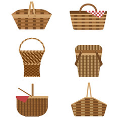 Wicker and willow picnic baskets set isolated on white background. Collection of various weaving hampers with handles and different weaves for barbeque, easter eggs and tailgate party. Classic shapes.