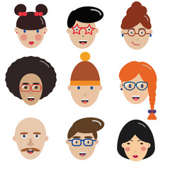 Multinational man and woman icons. Happy people avatars for social media and applications. Boy and girl children set with different hairstyles in flat design. Human icon collection.