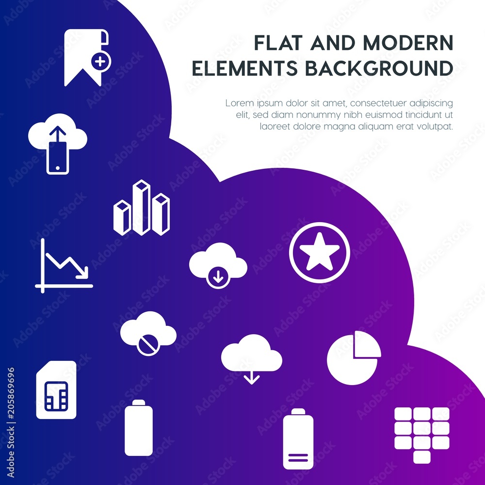 Poster cloud and networking, charts, mobile, bookmarks fill vector icons and elements background concept on