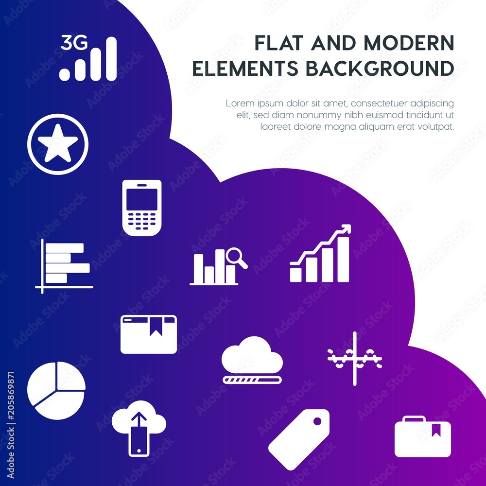 Poster cloud and networking, charts, mobile, bookmarks fill vector icons and elements background concept on