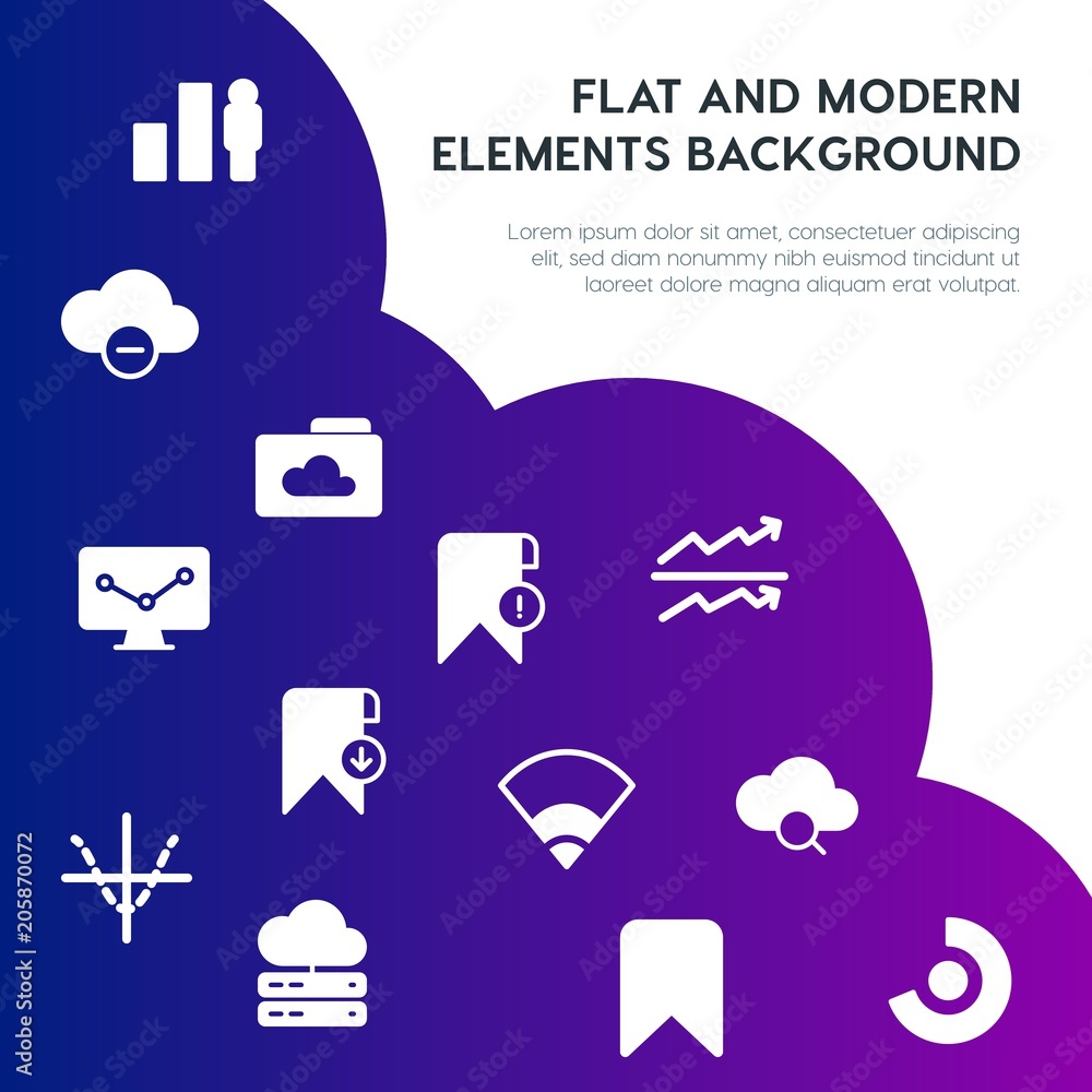 Poster cloud and networking, charts, mobile, bookmarks fill vector icons and elements background concept on