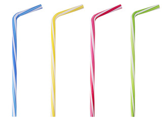 Four drinking straw pink, blue, yellow, green striped - obrazy, fototapety, plakaty