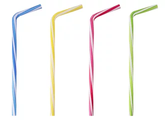 Foto op Plexiglas Four drinking straw pink, blue, yellow, green striped © Olha