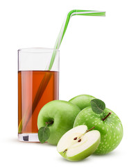 Three green glass, cut in half with green leaf. Glass of fresh apple juice straw green striped