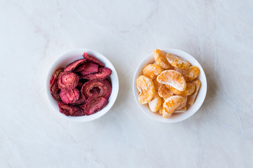 Dried Fruit Chips Mandarin and Strawberry in small Bowl.