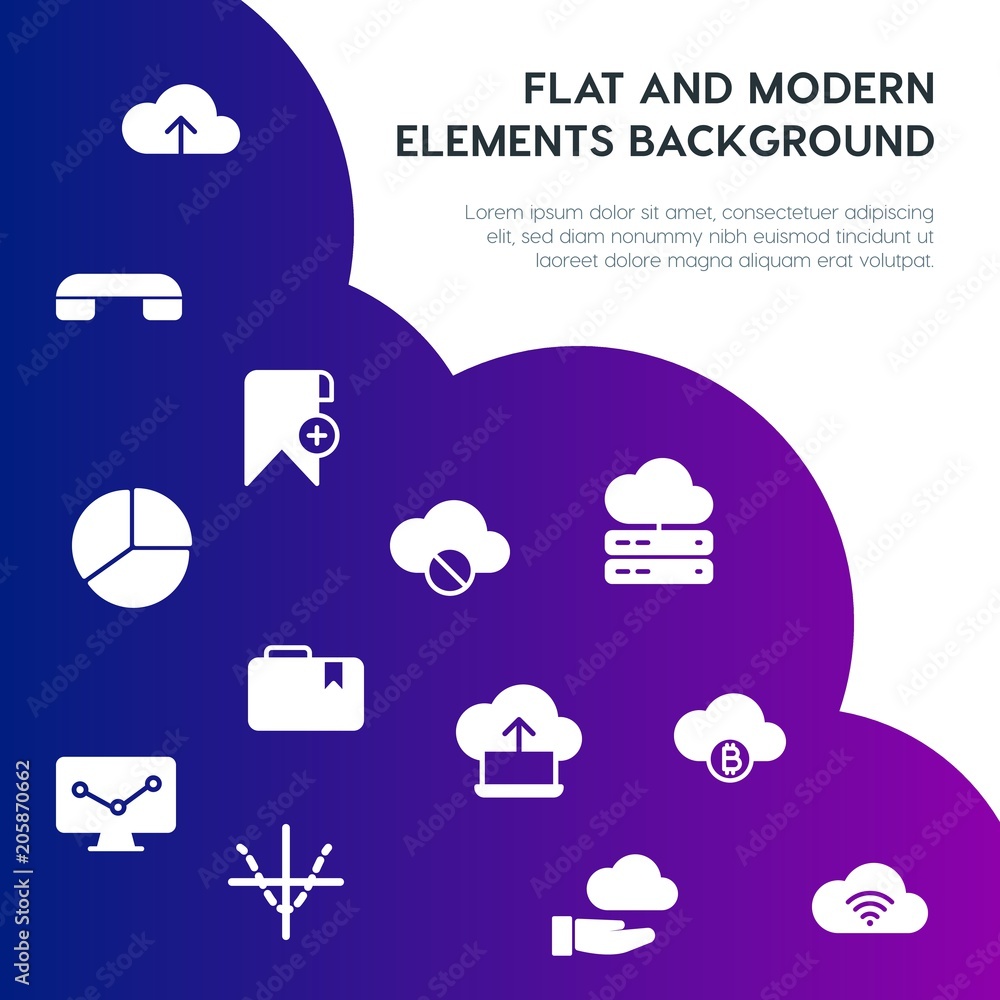 Poster cloud and networking, charts, mobile, bookmarks fill vector icons and elements background concept on