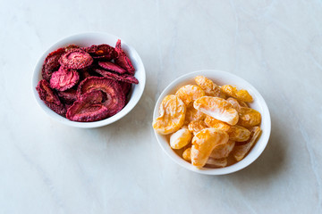 Dried Fruit Chips Mandarin and Strawberry in small Bowl.