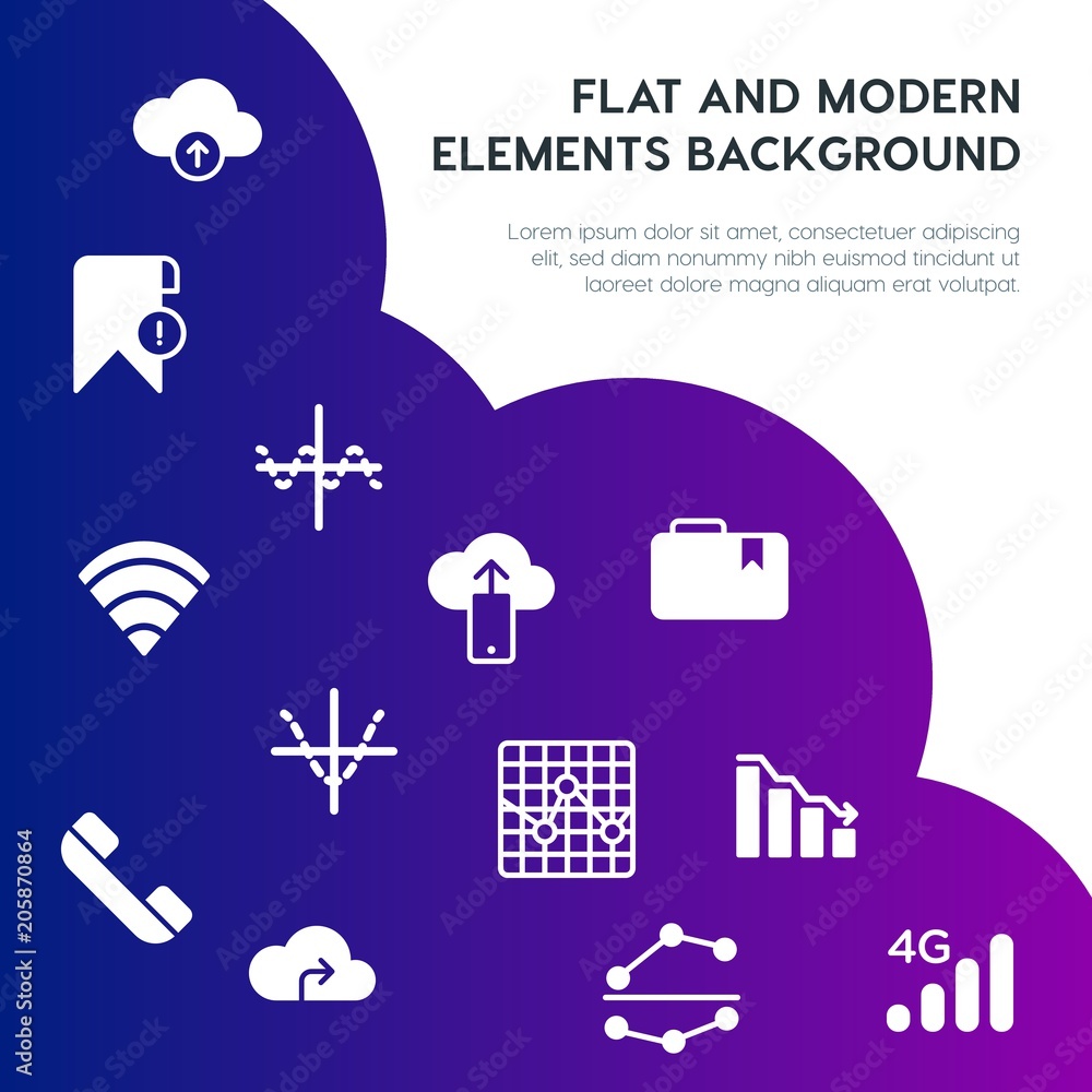Poster cloud and networking, charts, mobile, bookmarks fill vector icons and elements background concept on
