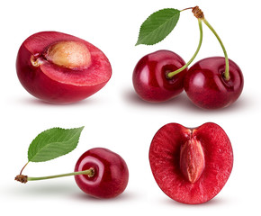 Set sweet cherry berry. one cut in half with bone, two a branch with leaf, and single
